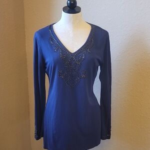 INC International Concepts Navy Embellished Long Sleeve Top